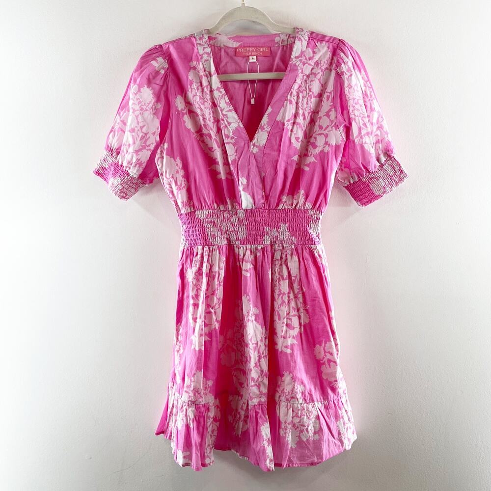 Preppy Girl Palm Beach Short Sleeve Floral Print Mini Dress Pink Small